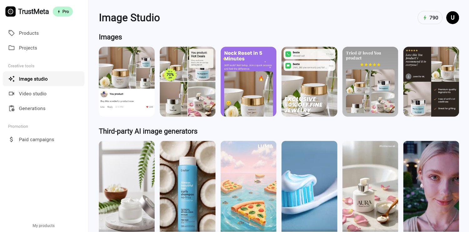 TrustMeta.pro Image Studio with AI-generated ad creatives and third-party generators