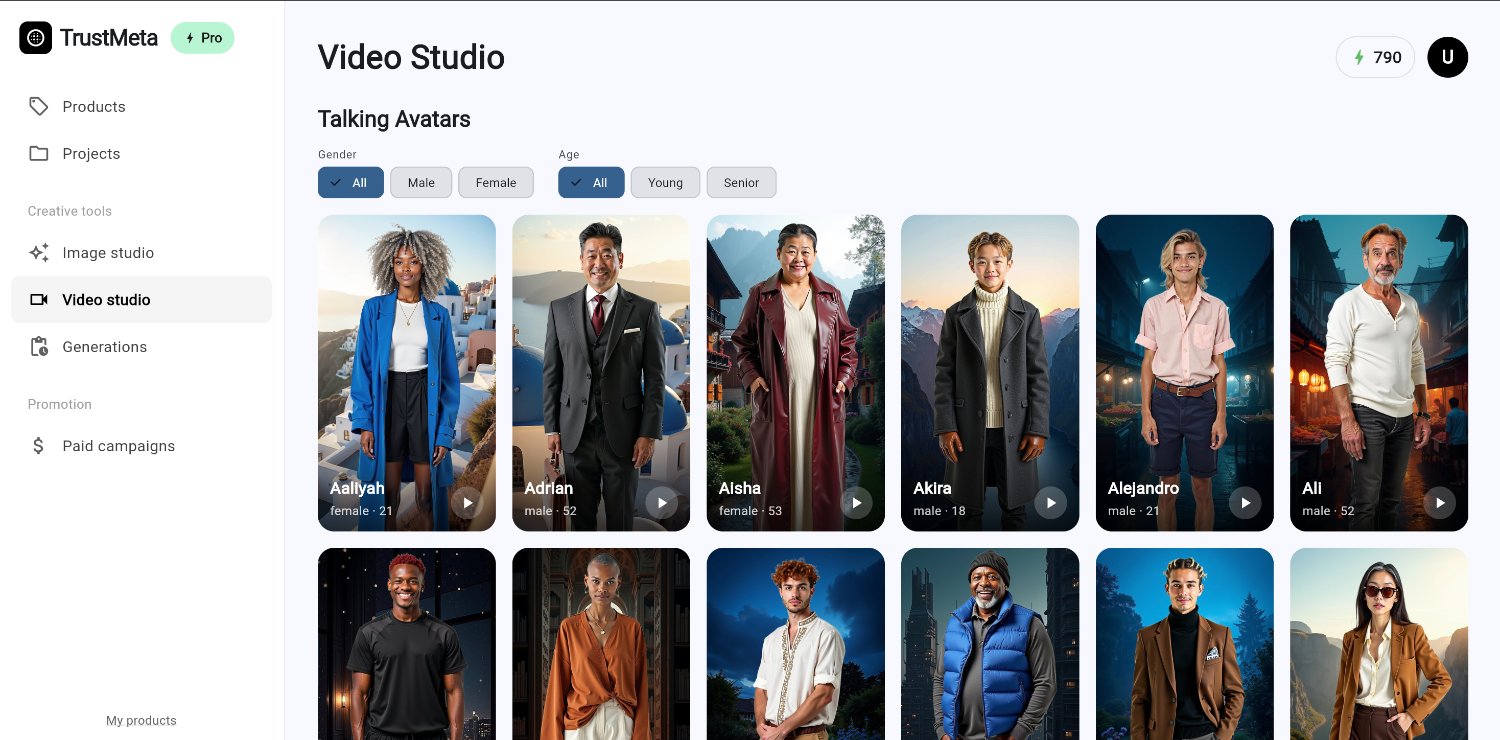 TrustMeta.pro Video Studio with a gallery of talking avatars filtered by gender and age